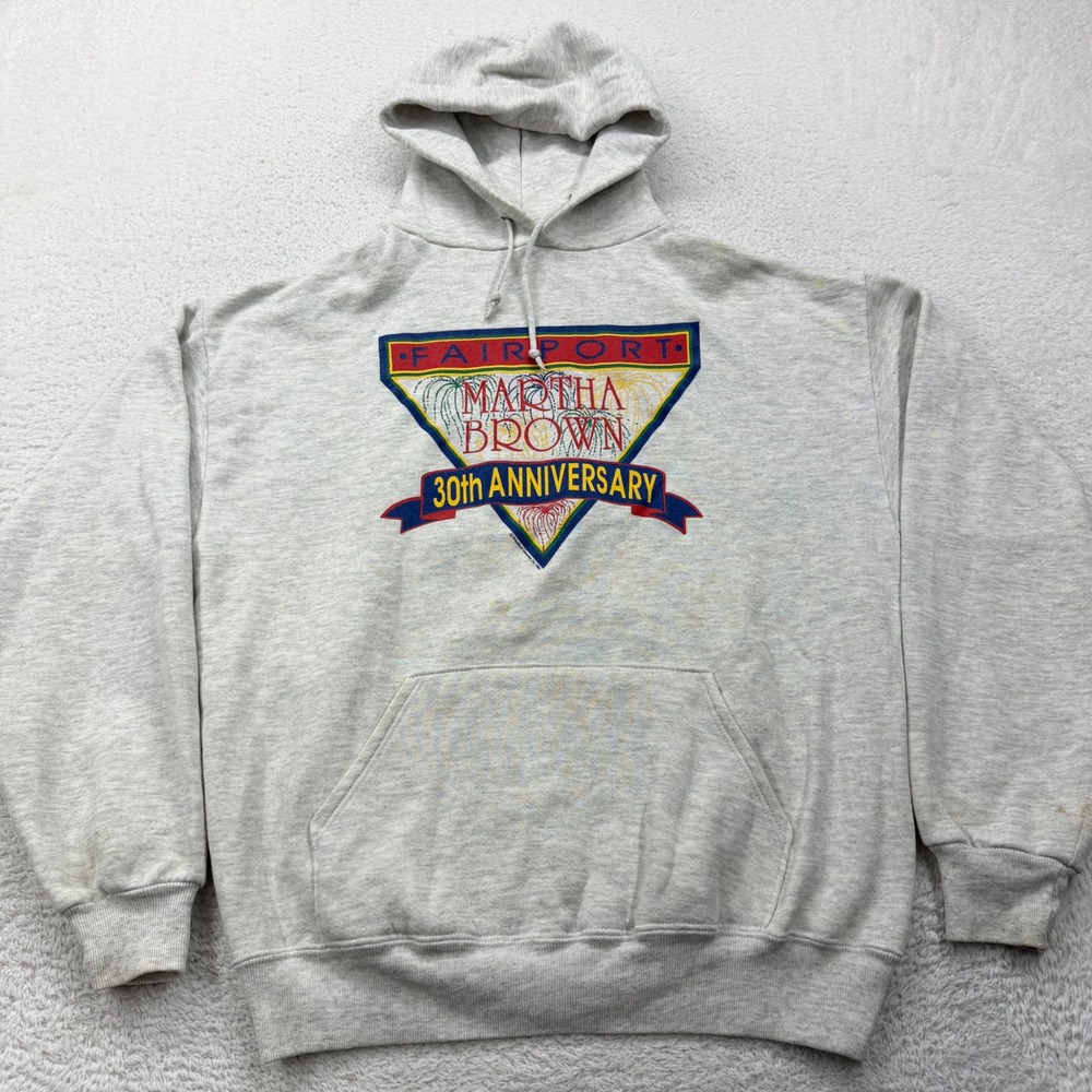 Vintage 1992 Jerzees Martha Brown Fairport 30th Anniversary Hoodie Grey Mens L